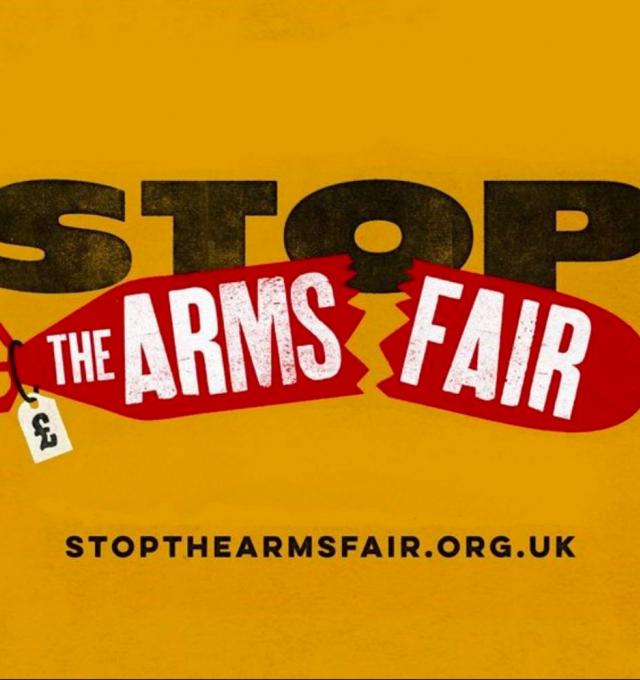 Het logo van de 'Stop the arms fair' campagne.