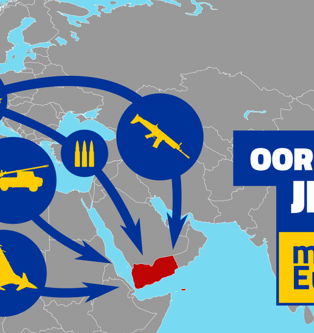 oorlog in Jemen, gemaakt in Europa, met europese landkaart en de verschillende wapens die in Europa geproduceerd worden die richting Jemen gaan. 