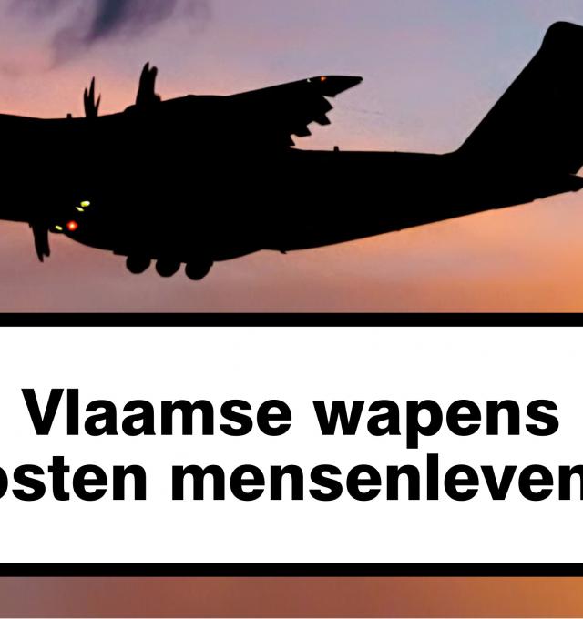 silhouet A400M met waarschuwing 'Vlaamse wapens kosten mensenlevens'